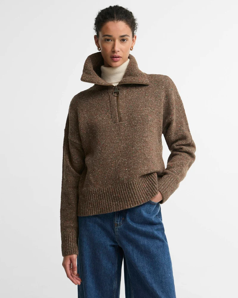 Barbour Lavensdale Quarter-Zip Fleck Knitted Jumper, deep camel