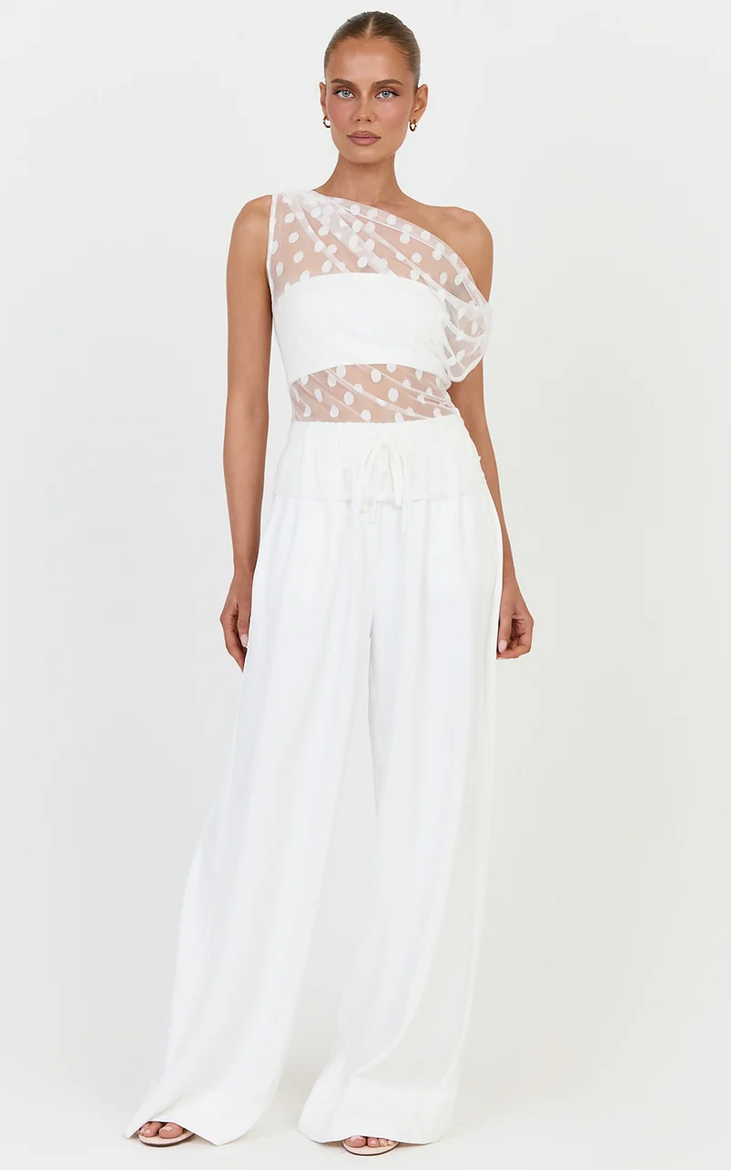 Bessette Top - Polka Dot Mesh Asymmetric Draped Top in Ivory