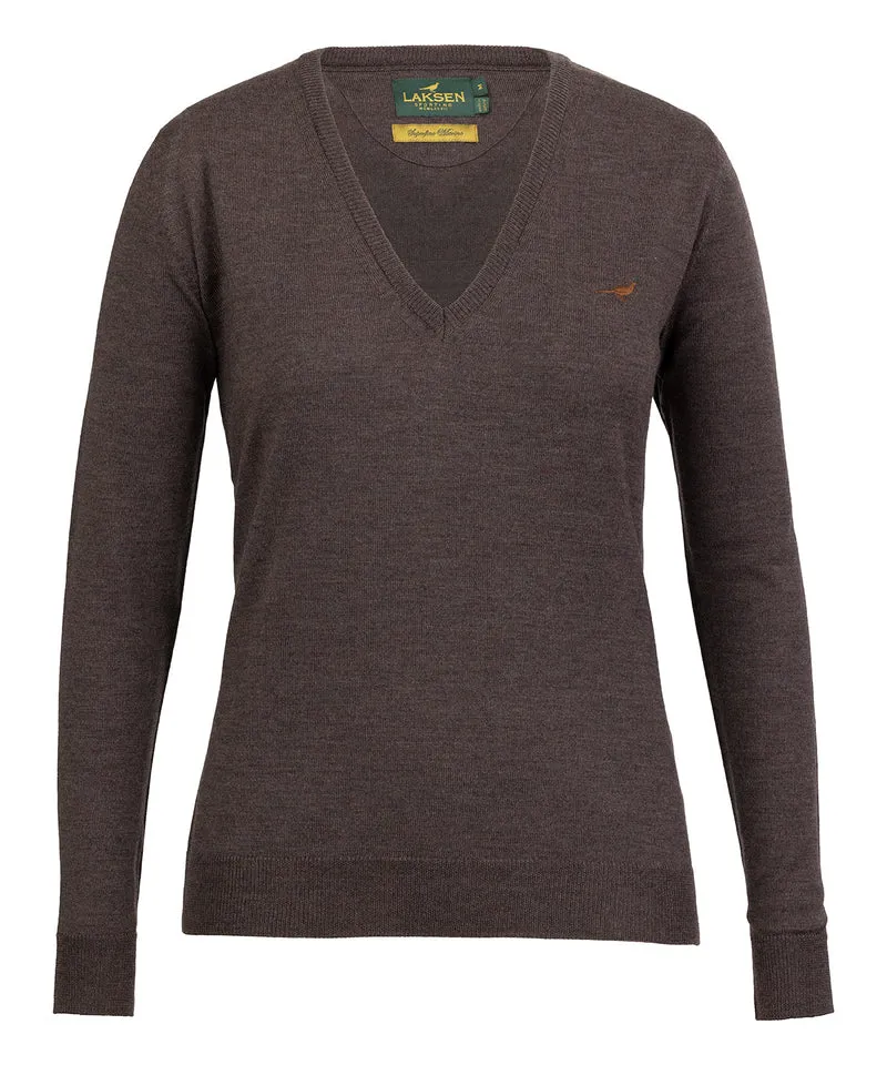 Laksen Camilla, merino damestrui met V-hals, chocolate