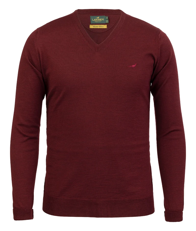 Laksen Sussex, merino herentrui met V-hals, vintage port