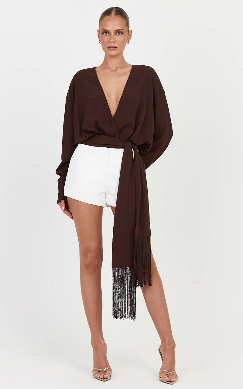 Ariette Bodysuit - Plunge Neck Tassel Detail Belt Bodysuit in Chocolate