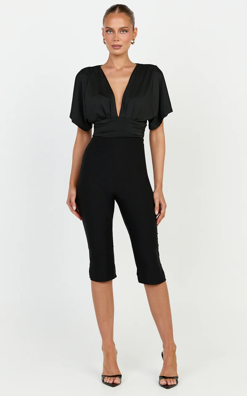 Liana Bodysuit - Plunge Neck Wide Sleeve Bodysuit in Black