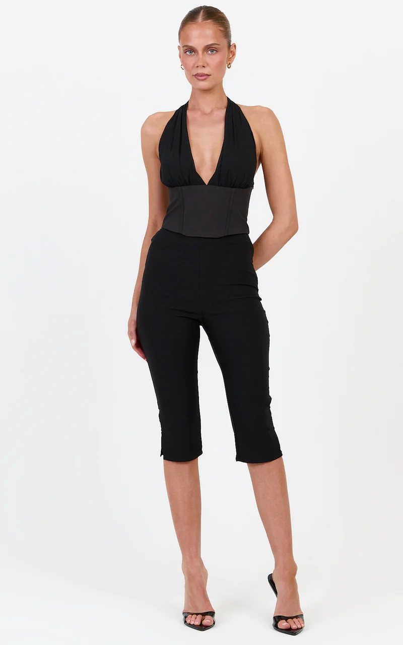 Simone Top - Contrast Corset Halter Neck Top in Black