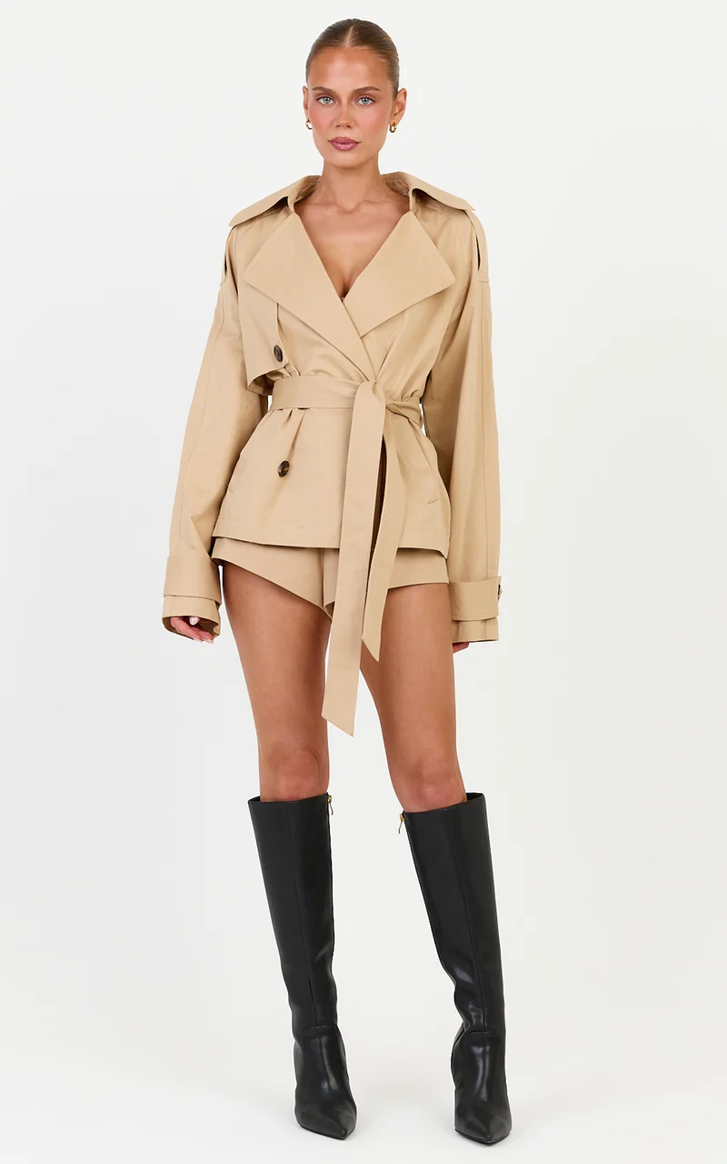 Freya Coat - Oversized Mini Belted Trench Coat in Light Beige