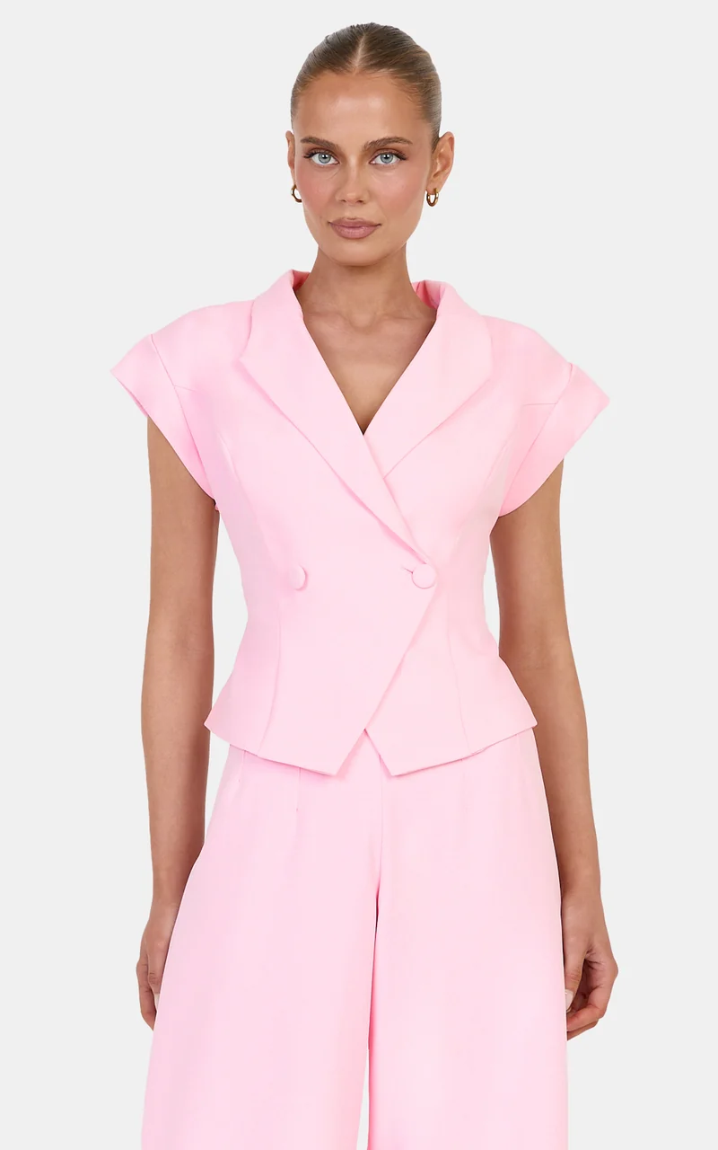 Poppy Top - Cap Sleeve Double Breasted Vest Top in Baby Pink