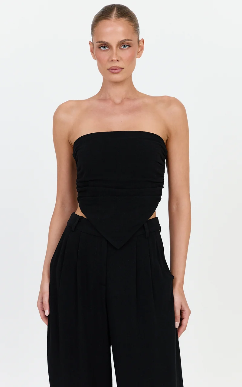 Norma Top - Strapless Linen Blend Scarf Tie Top in Black
