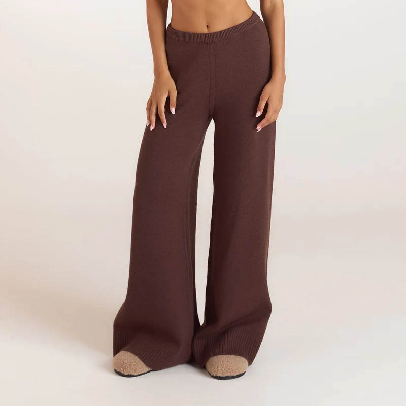 Gebreide broek met geribde zoom - Chocolade