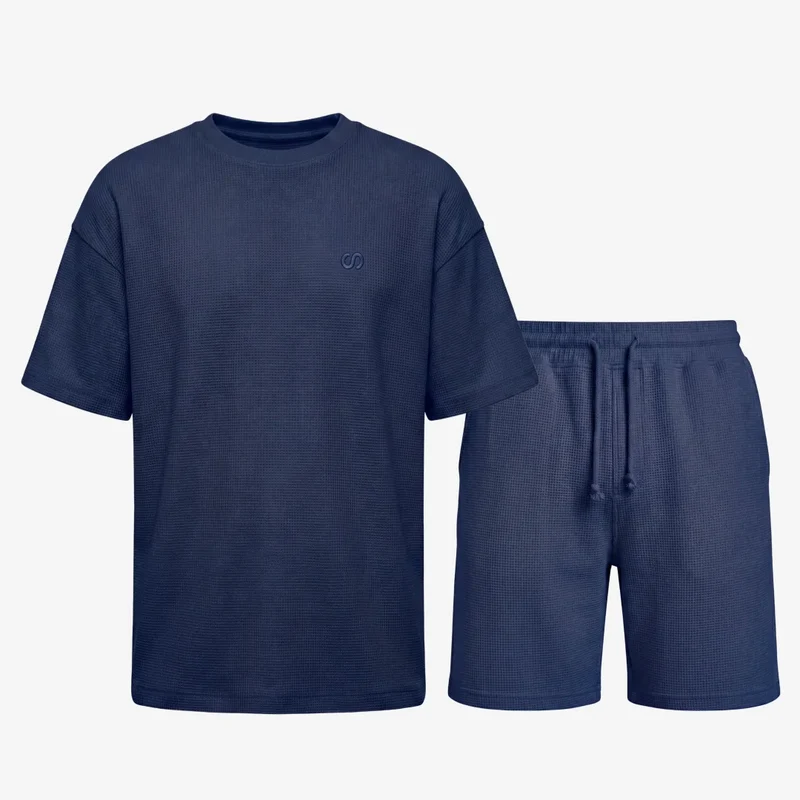 Schlafanzug Set Waffle Herren kurz | Dunkelblau