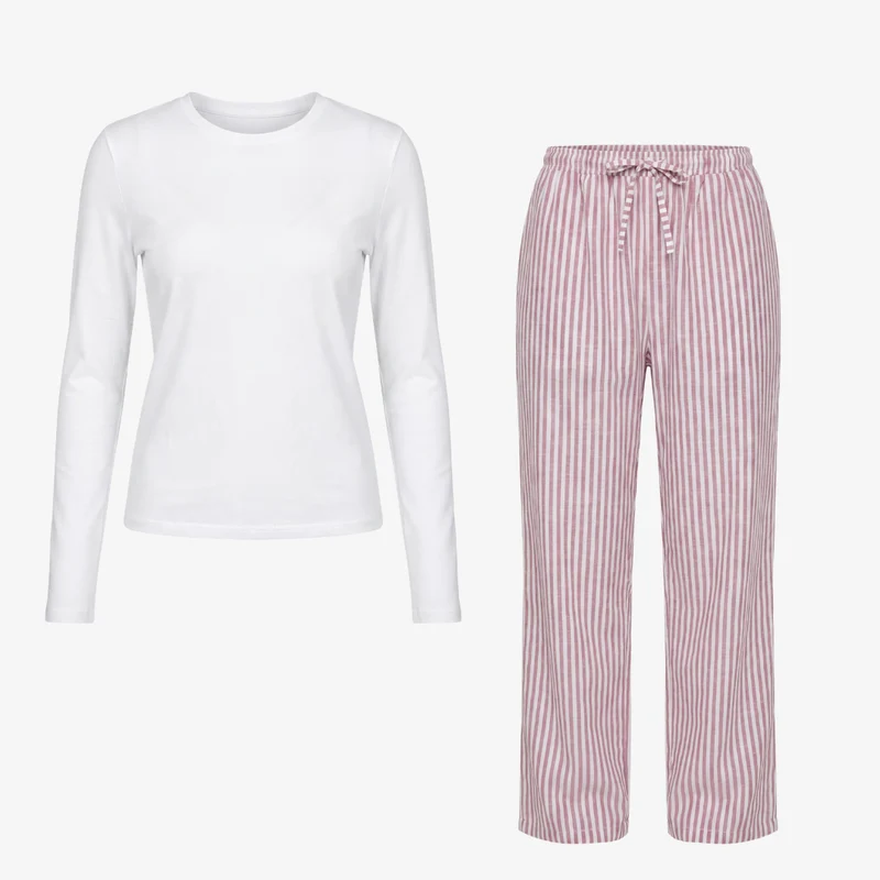Schlafanzug Set Gestreift Damen lang | Coral Pink/Weiß