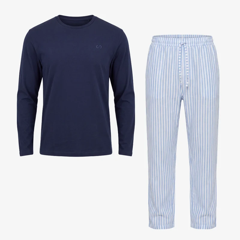 Schlafanzug Set Gestreift Herren Lang | Blue Breeze/Weiß