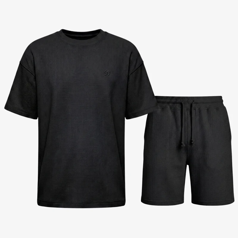 Schlafanzug Set Waffle Herren kurz | Schwarz