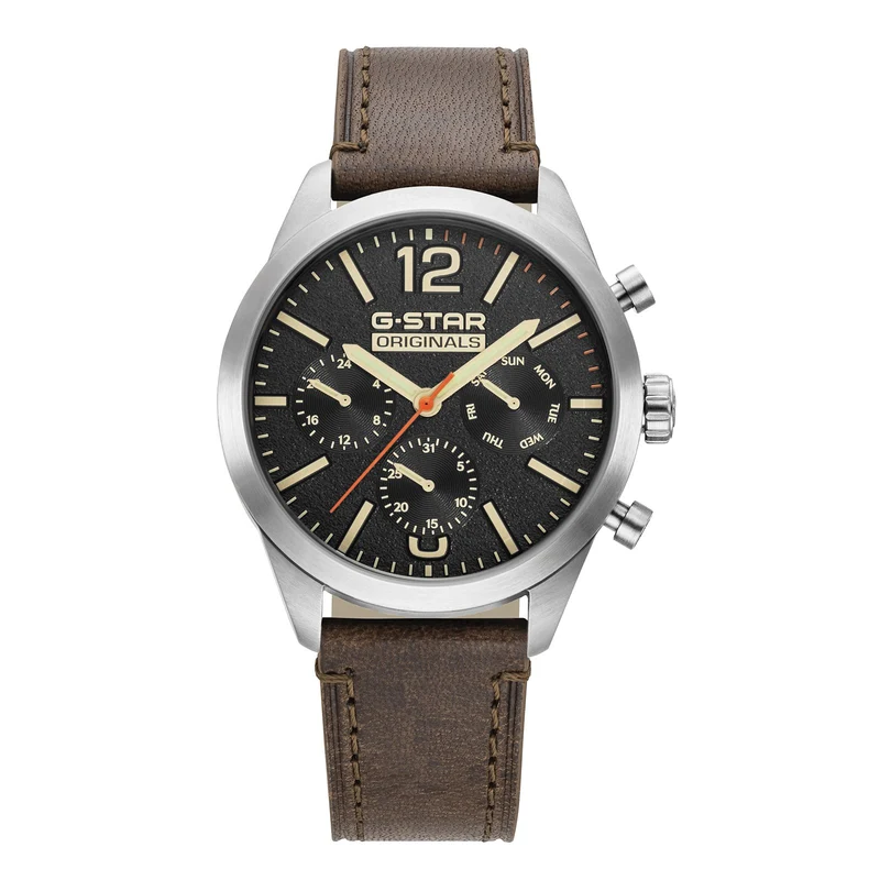 G-STAR Originals Zilverkleurig Stalen Herenhorloge met Bruine Leren Band GSW.504.01