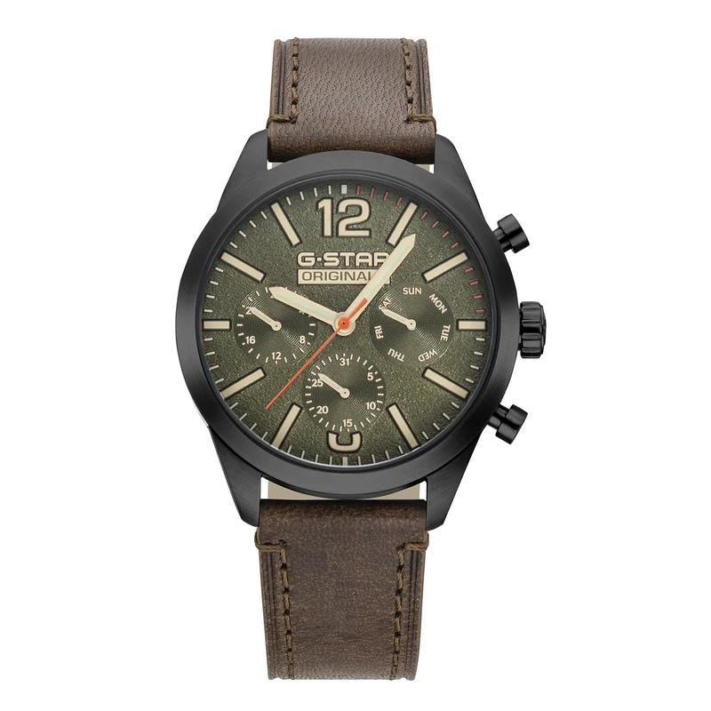 G-STAR Originals Zwart Stalen Herenhorloge met Bruine Leren Band GSW.504.03