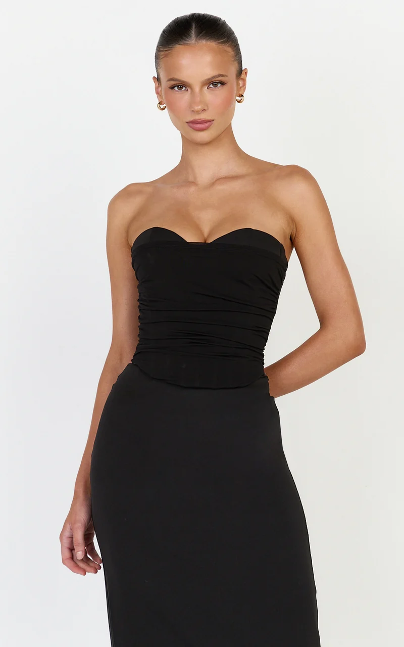 Helda Top - Strapless Corset Lace Up Back Top in Black