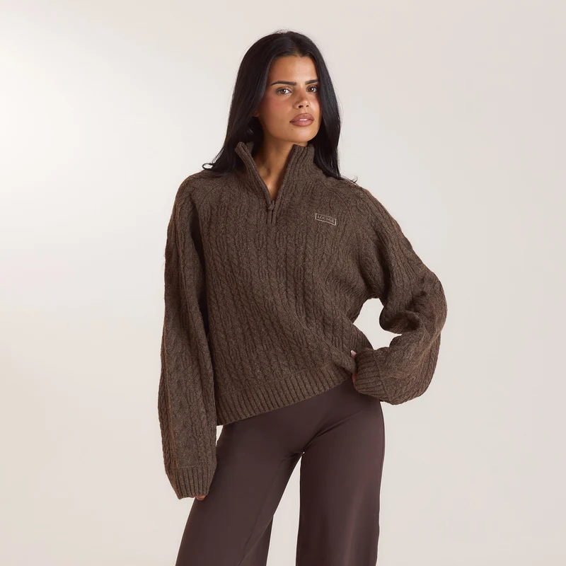 Jumper met gevlochten patroon en kwartrits - Taupe