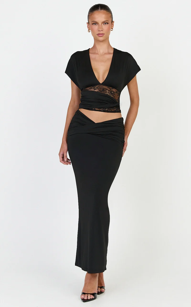 Sienne Top - Twist Overlay Lace Panel Top in Black