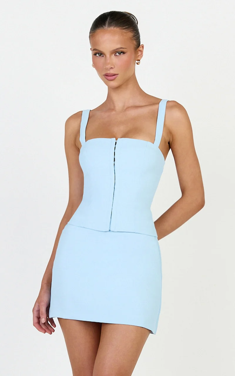 Mikey Top - Straight Neck Hook and Eye Corset Top in Blue