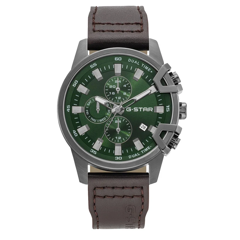 G-STAR Bend3D Groen Herenhorloge met Bruine Leren Band GSW.505.03