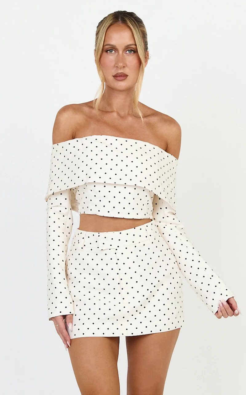 Lana Top - Long Sleeve Off Shoulder Cropped Top in Cream/Black Polka Dot
