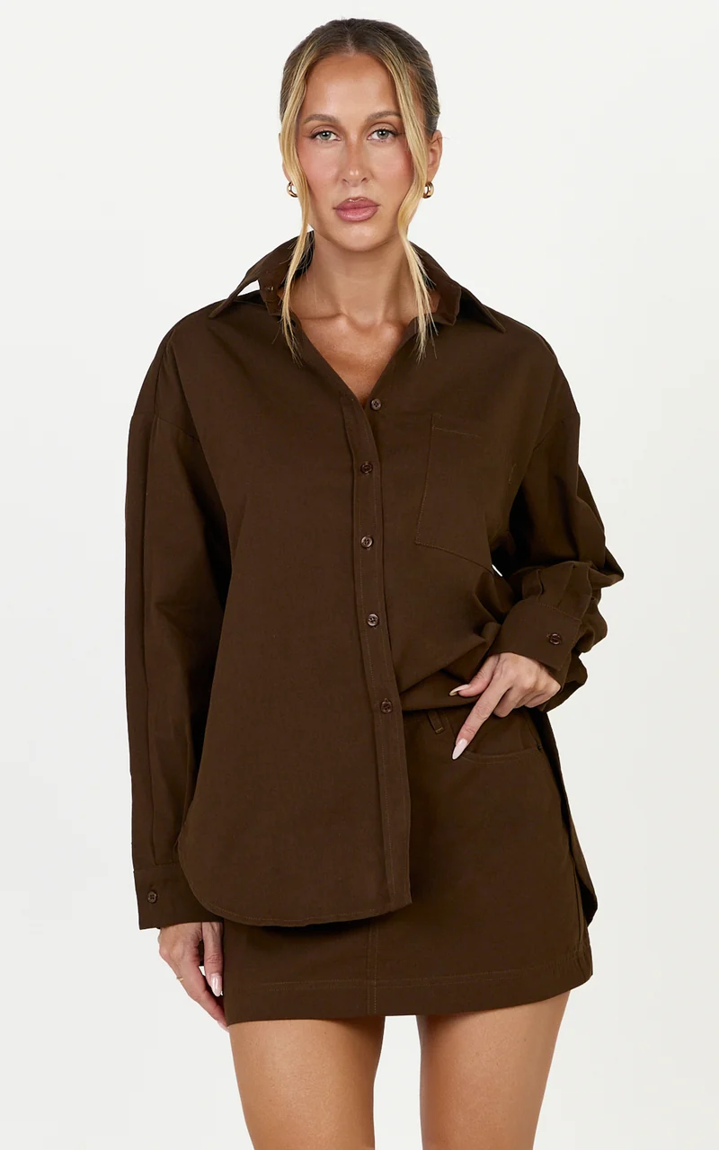 Blanche Top - Oversized Patch Pocket Long Sleeve Shirt in Dark Chocolate