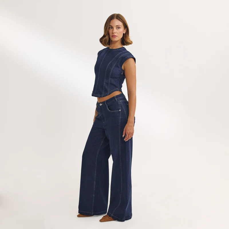 Jeans met lage taille en wijde pijpen - Indigo