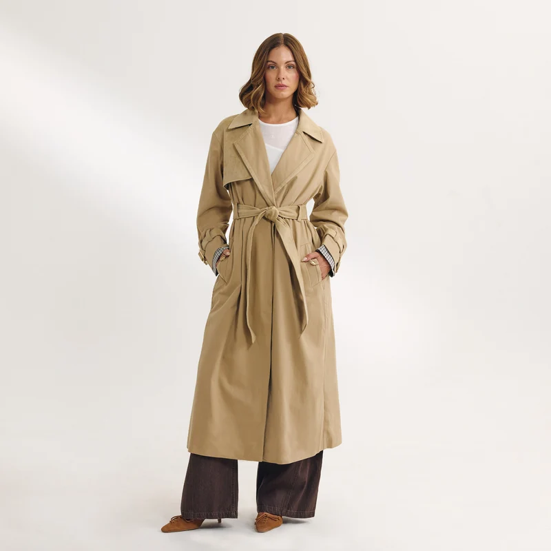 Suedette Trim Trenchcoat - Zand