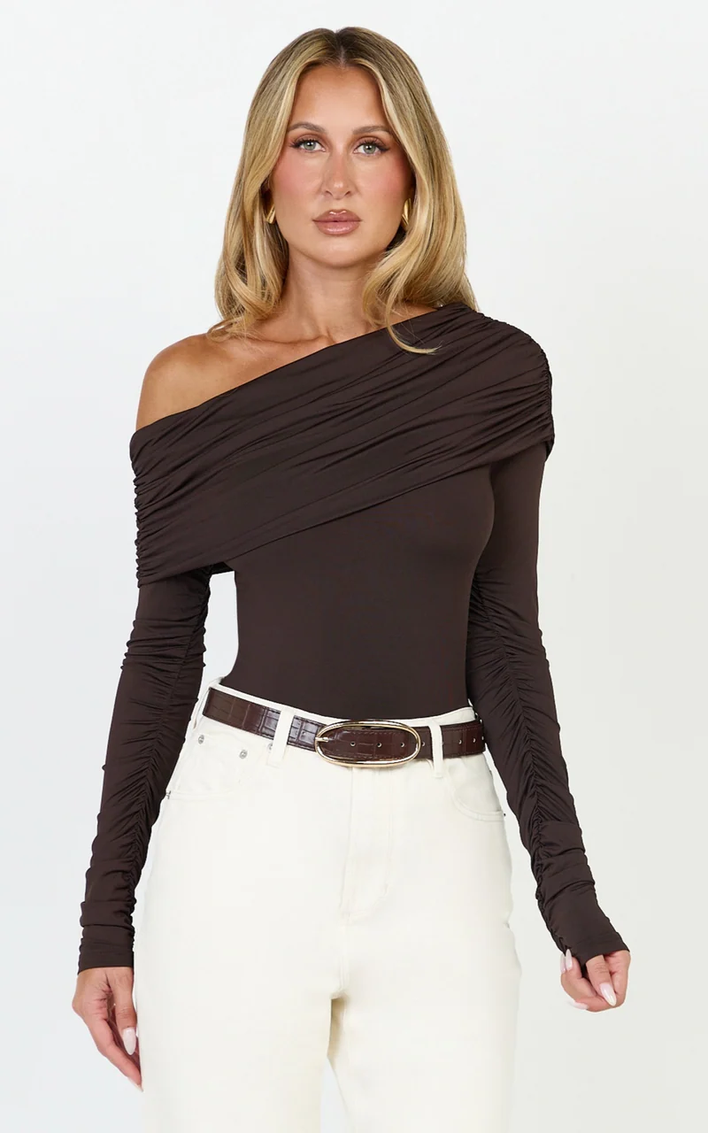 Hallie Bodysuit - One Shoulder Draped Long Sleeve Bodysuit in Chocolate