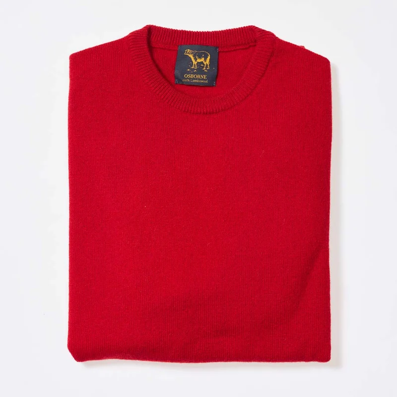 Osborne Knitwear, lamswollen herentrui ronde hals, tartan scarlet