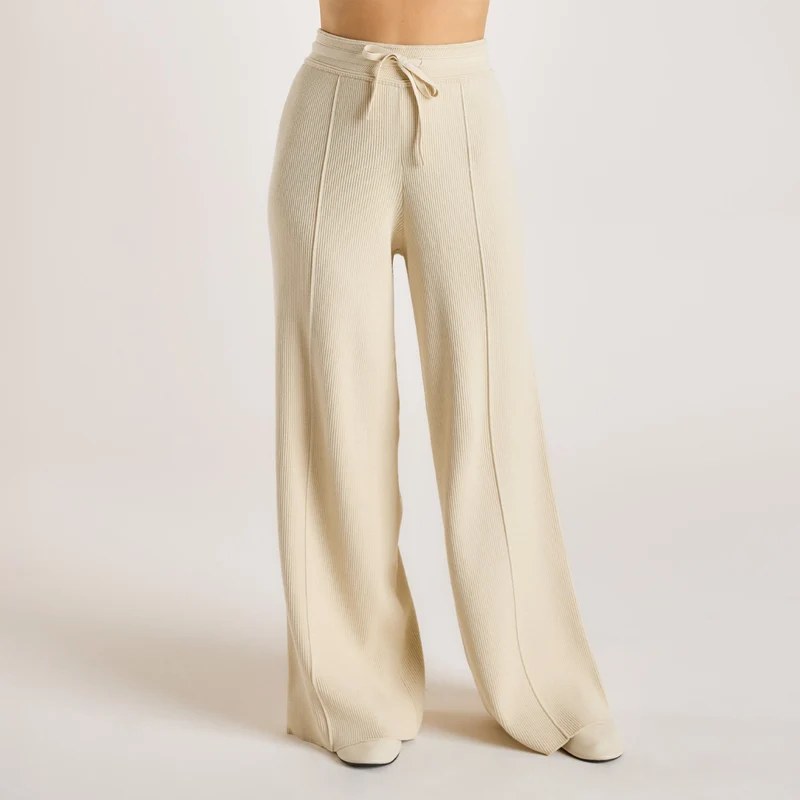 Gebreide Broek met Wijde Pijpen - Crème