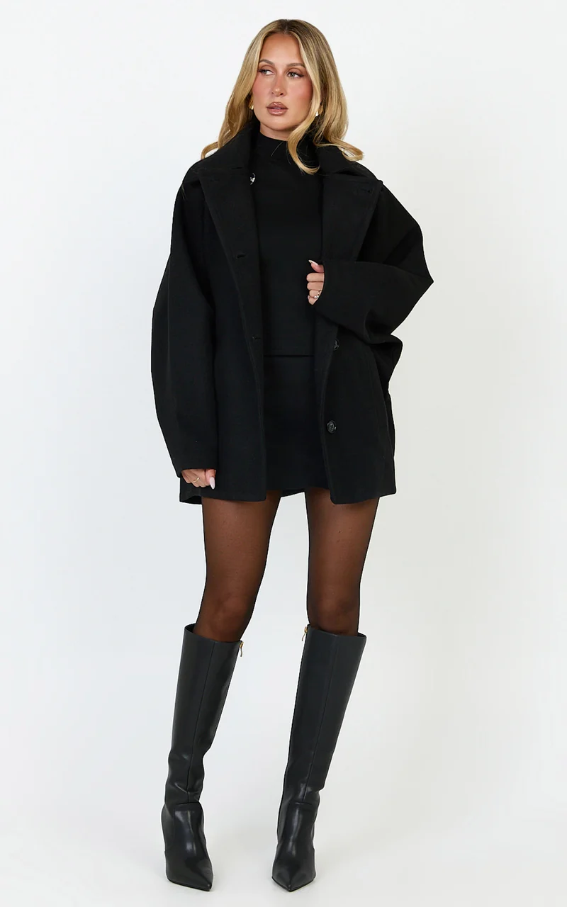 Rina Coat - Oversized Three Button Front Closure Coat in Black