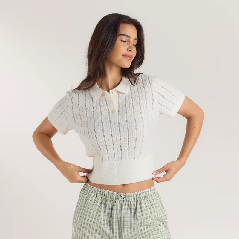 Sheer Gebreide Polo Top - Crème