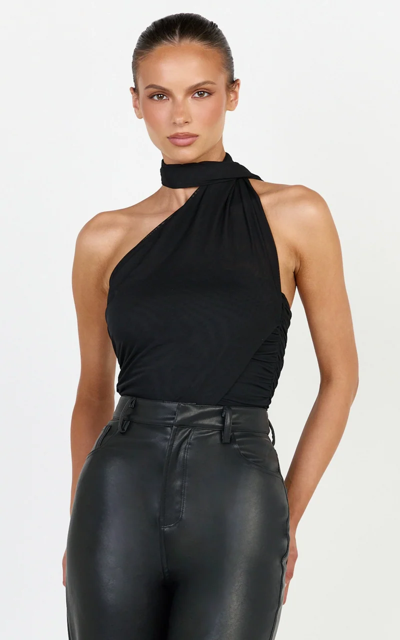 Lucienne Bodysuit - One Shoulder Draped Scarf Bodysuit in Black