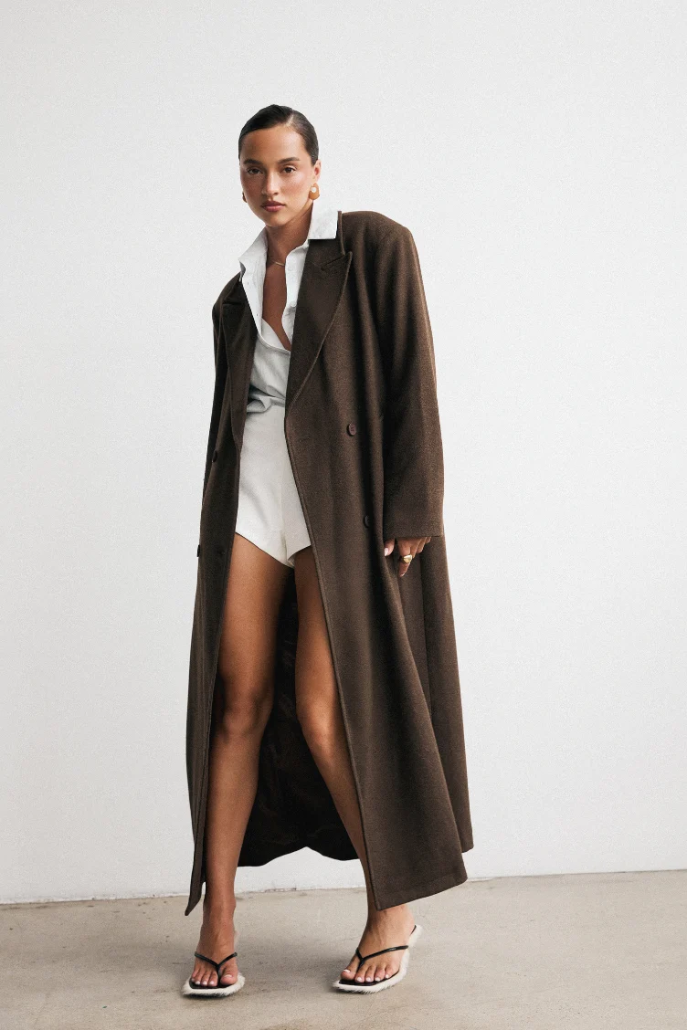 Eloise Coat - Oversized Longline Tailored Coat in Mocha Brown