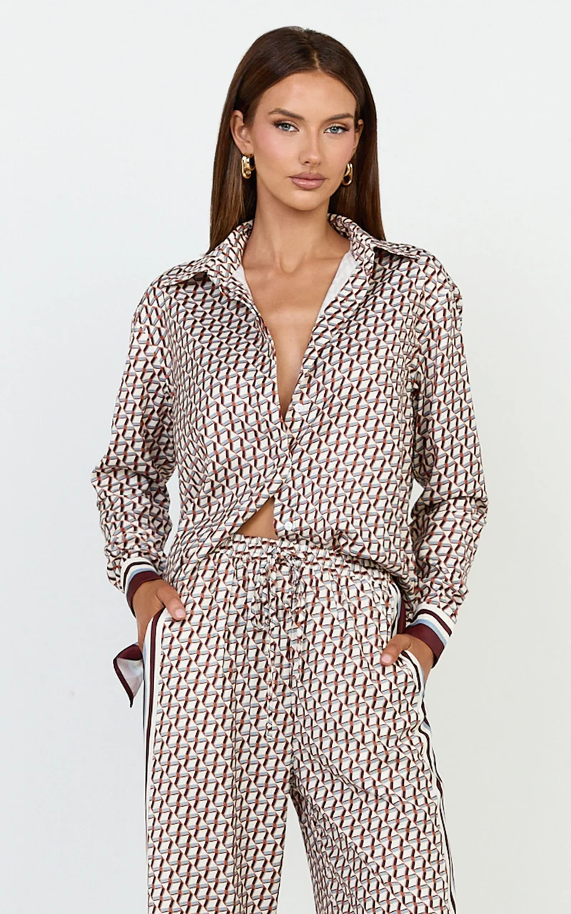Noelle Top - Geo Border Print Button Front Long Sleeve Shirt in Geo Border Print