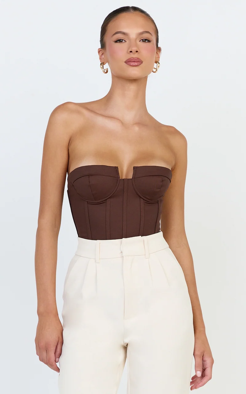 Brigitte Bodysuit - Sweetheart Paneled Bodysuit in Chocolate