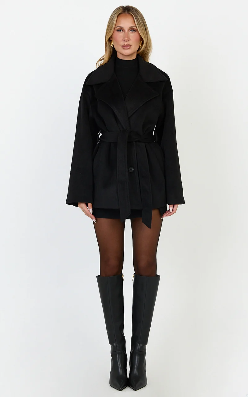 Dahlia Coat - Single Breasted Belted Short Wool Like Coat in Black