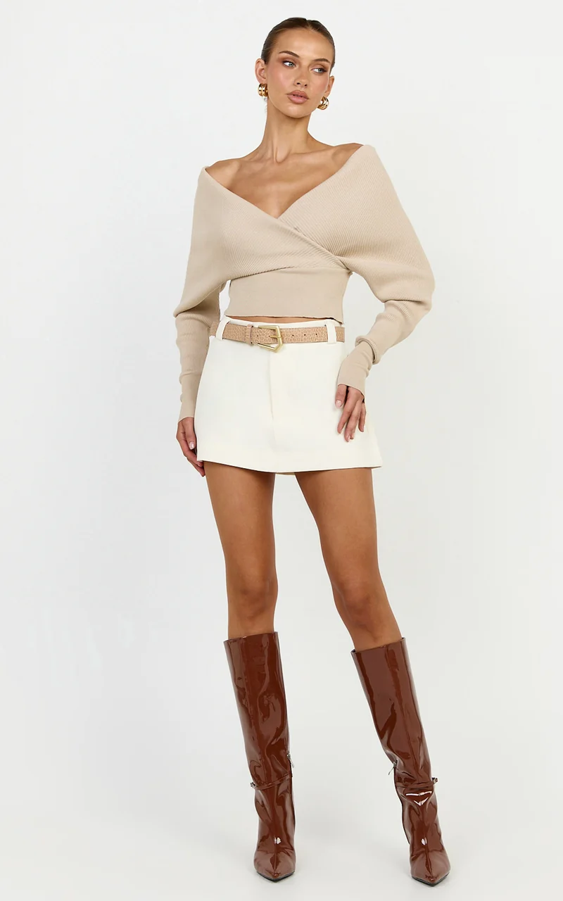 Petra Top - Long Sleeve Wrap Ribbed Knit Top in Oat Marle