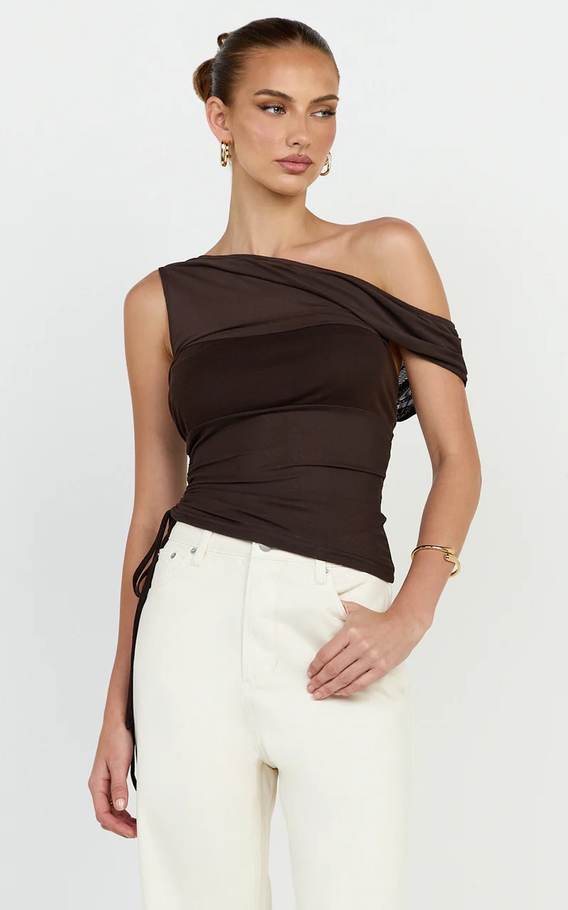 Astrid Top - Asymmetrical Off Shoulder Sleeveless Top in Chocolate