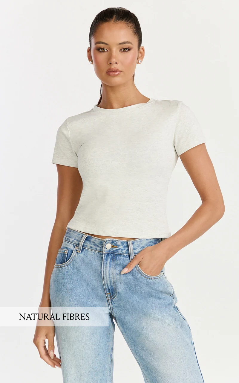 Georgina Top - Crew Neck Short Sleeve Baby Tee in Grey Marle