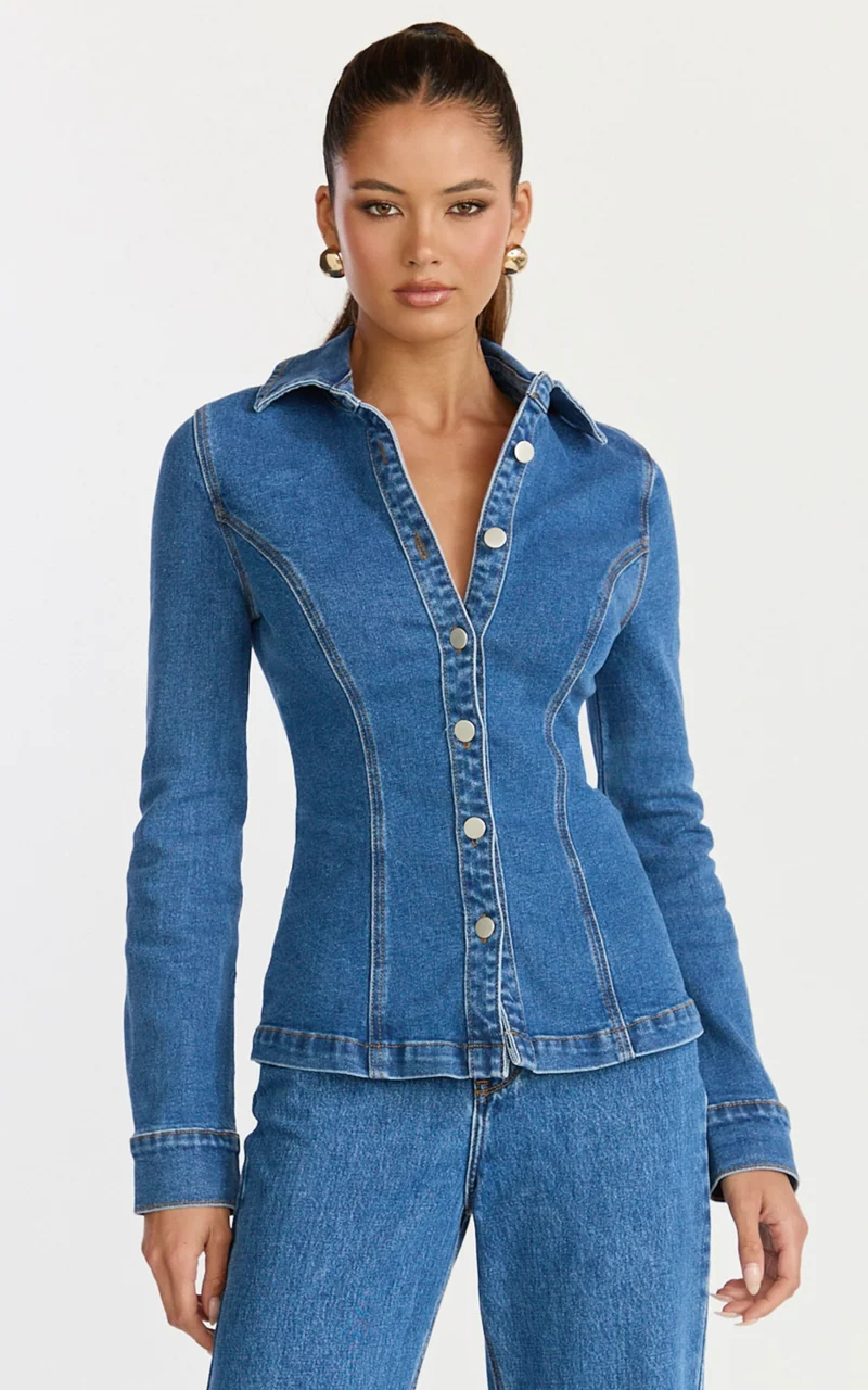 Inara Top - Button Down Long Sleeve Fitted Shirt in Dark Blue Wash