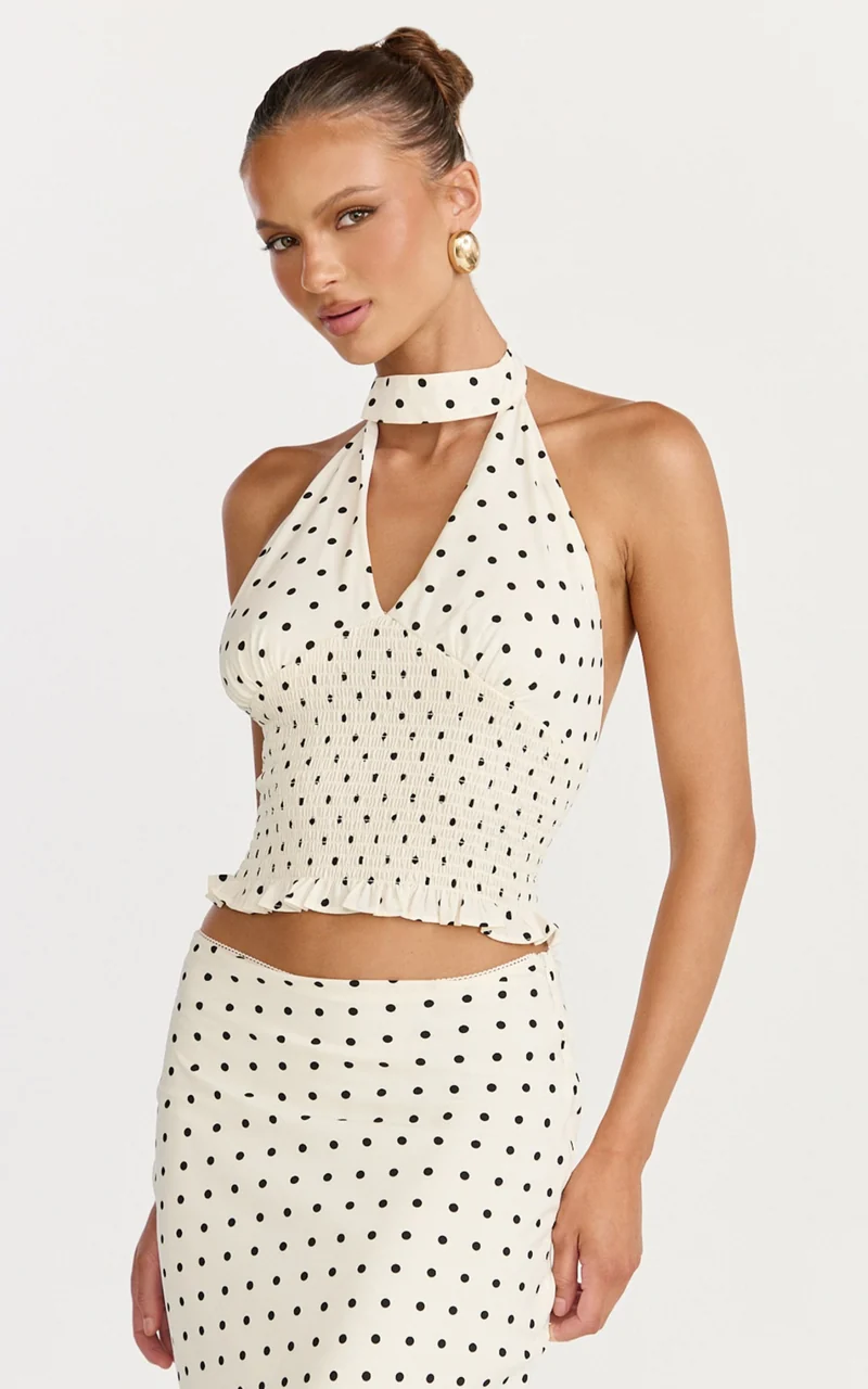 Charlotte Top - Polka Dot Halter Neck Top in White & Black Polka Dots