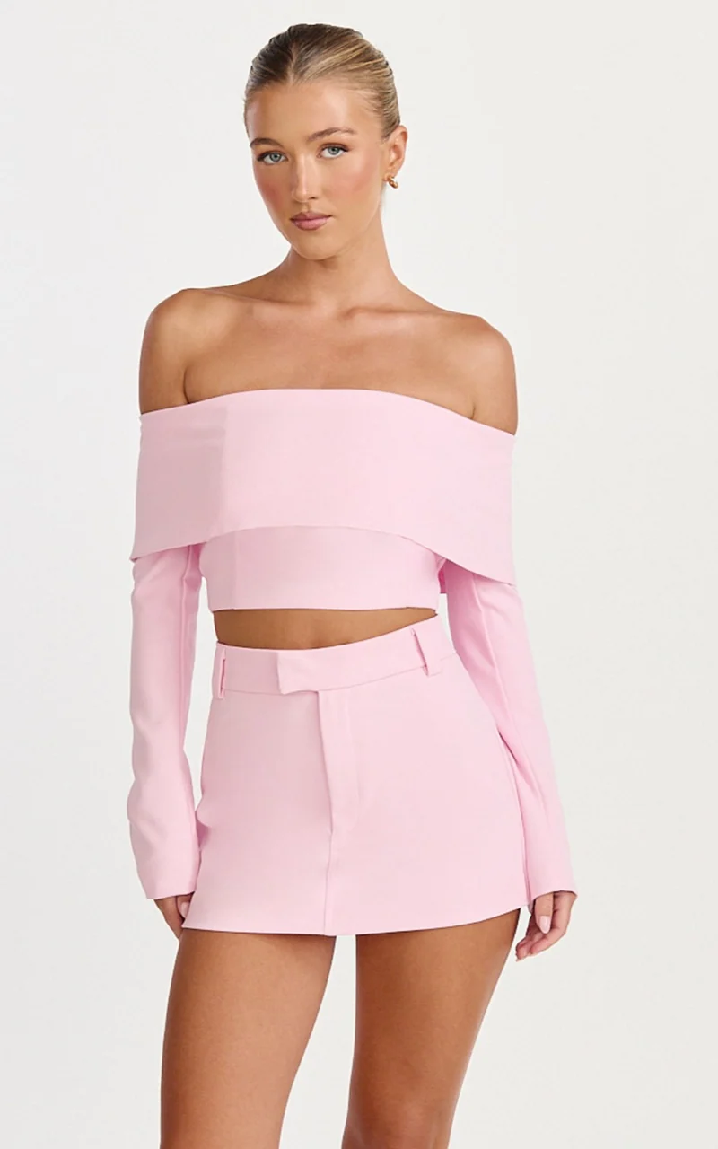 Ursula Top - Long Sleeve Off Shoulder Cropped Top in Pink