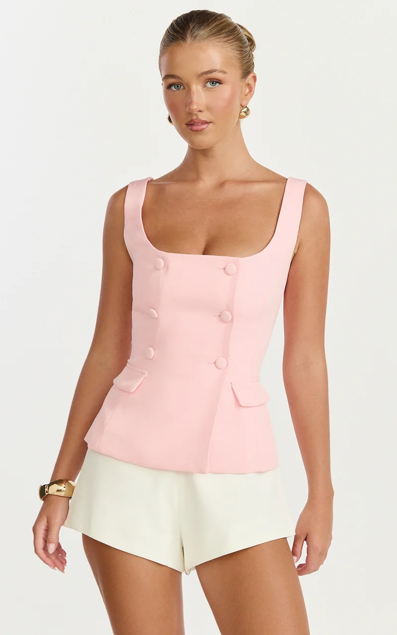 Melissa Top - Sleeveless Double Breasted Vest Top in Baby Pink