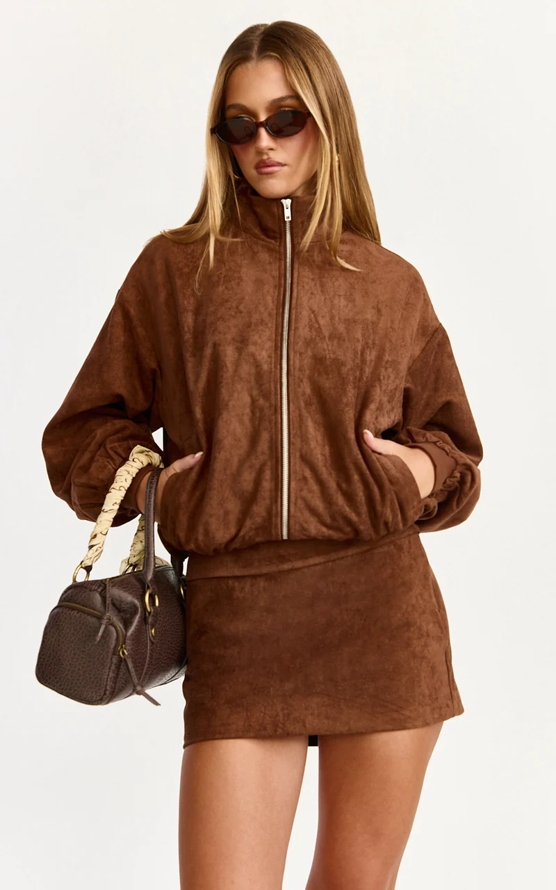 Mia Bomber Jacket - Suede Bomber Jacket in Chestnut