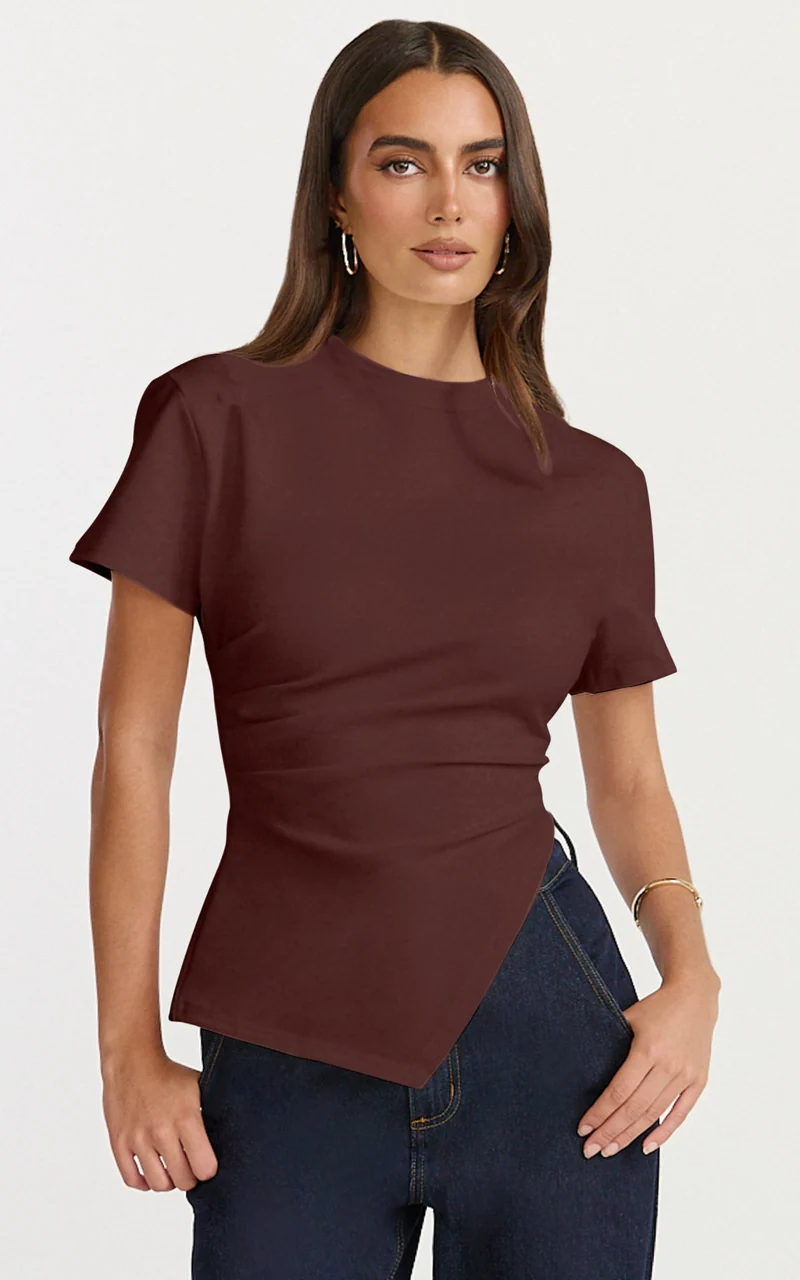 Rosalie Top - Asym Ruched Tshirt in Chocolate