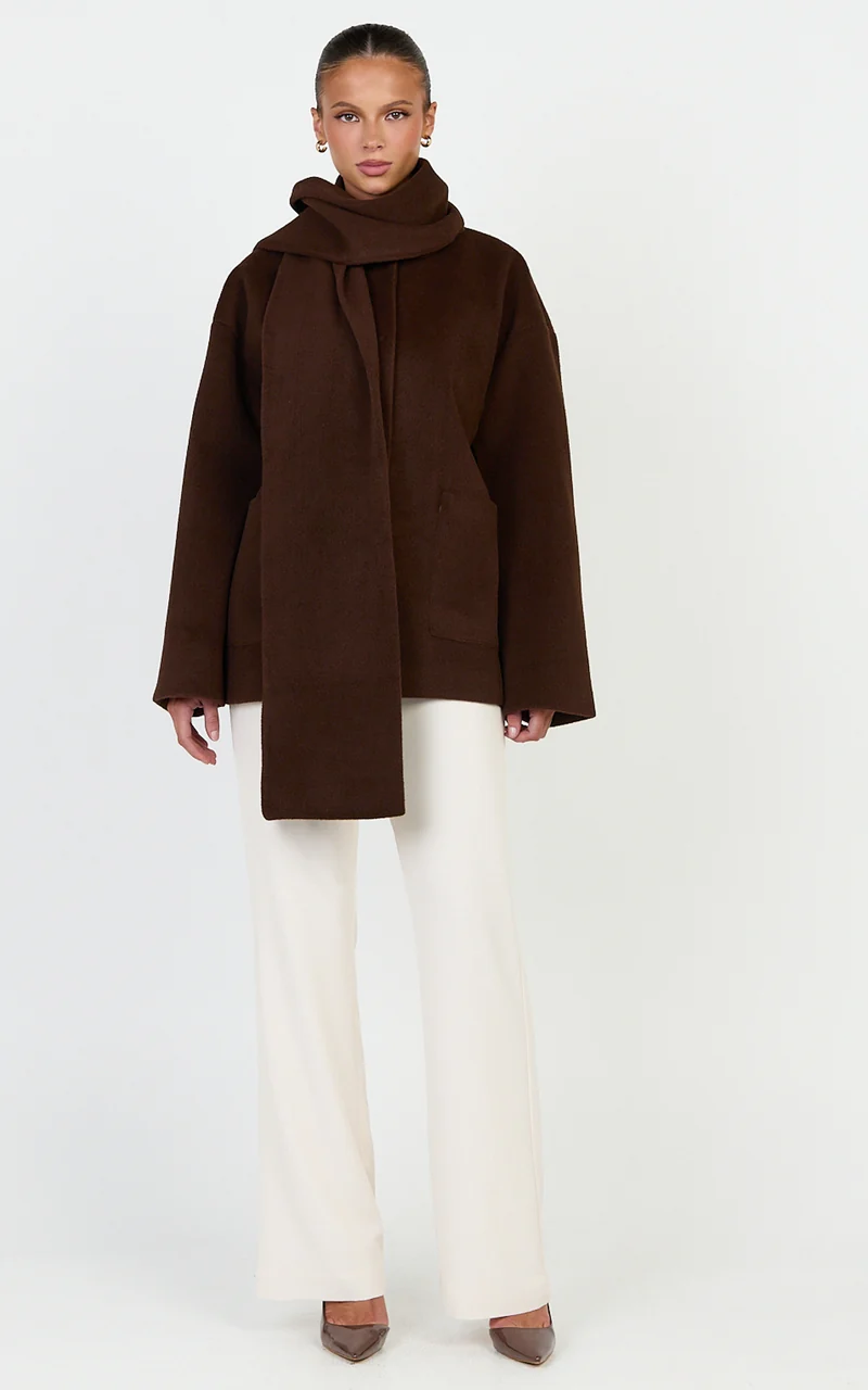 Carys Coat - Oversized Long Sleeve Coat With Neck Scarf in Chocolate