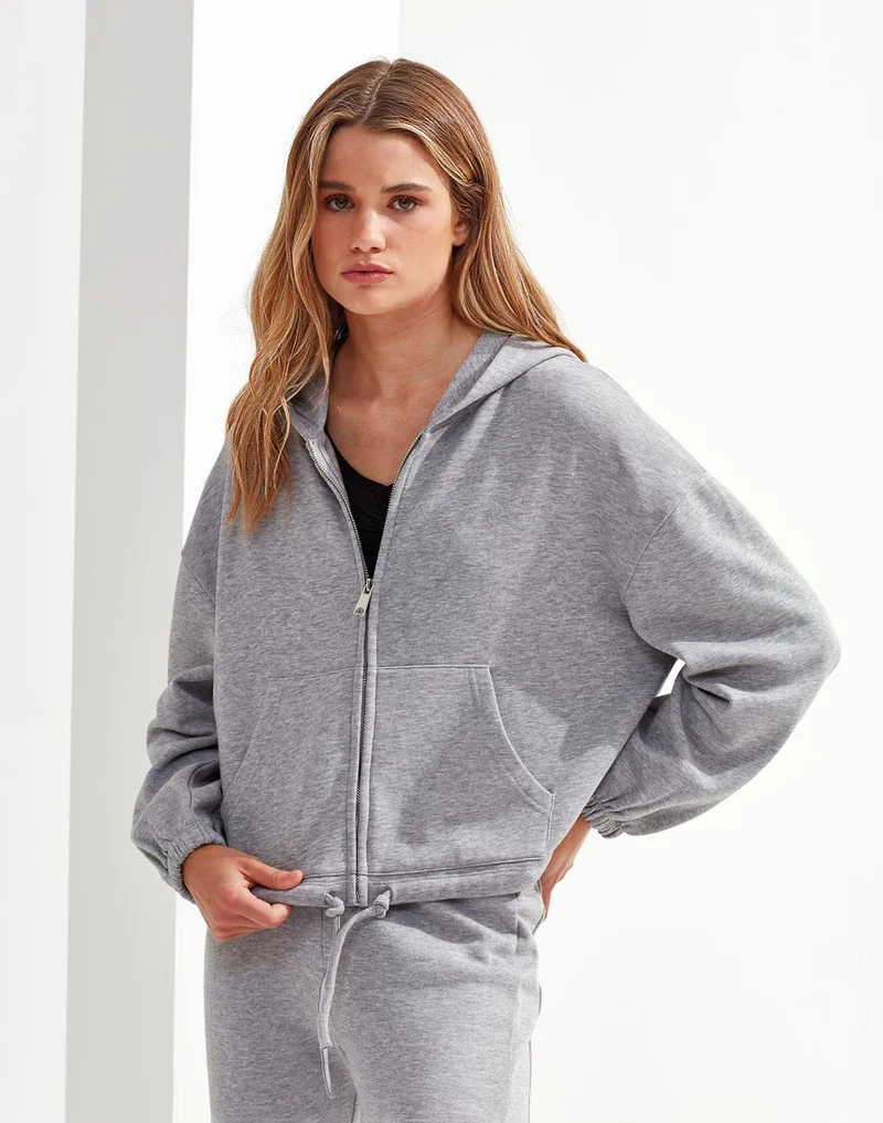TriDri - Drawstring Dames Hoodie met Rits Recycled - Heather Grey