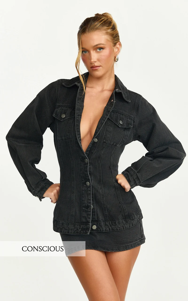 Tianna Jacket - Long Sleeve Contoured Recycled Denim Jacket in Washed Black