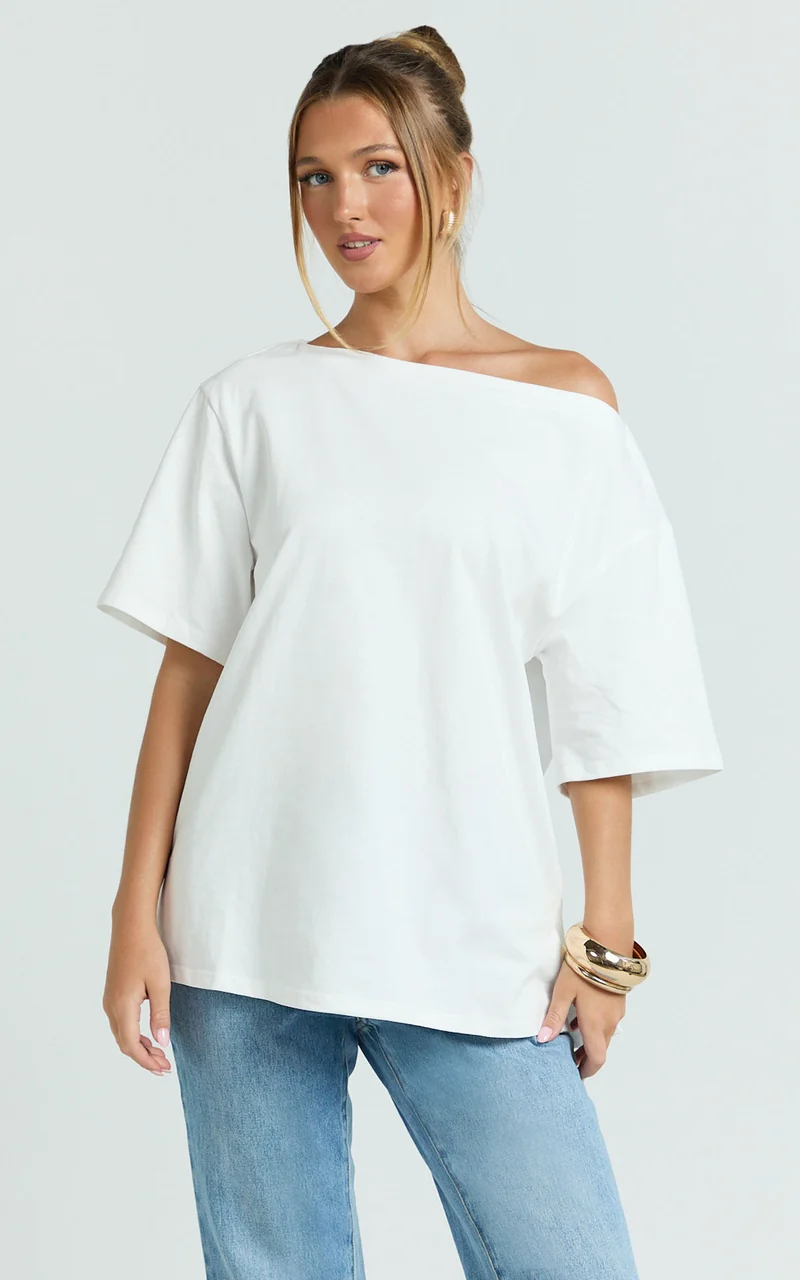 Ruby Top - Off Shoulder Asymmetrical T-shirt in White