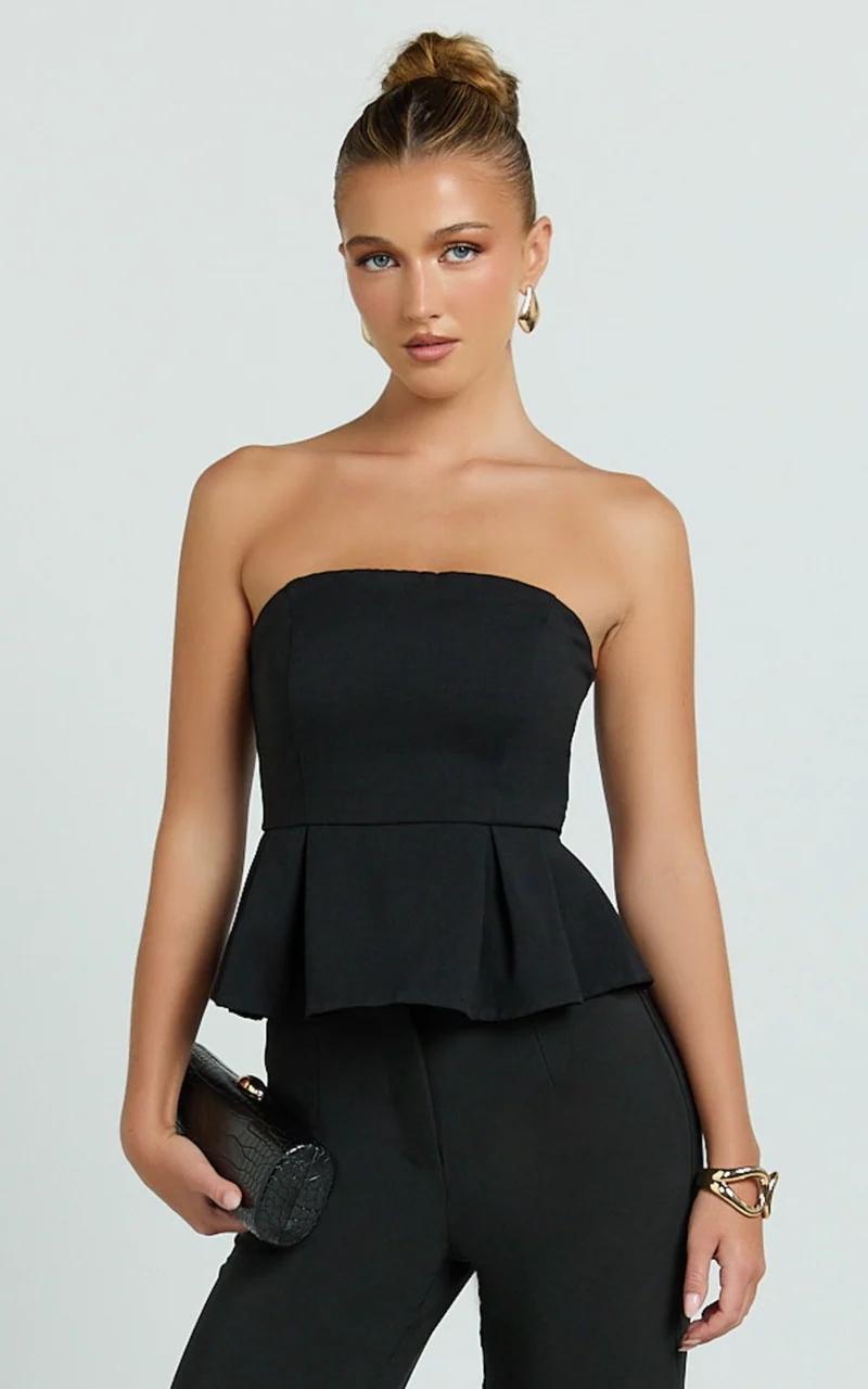 Rainey Top - Strapless Peplum Top in Black